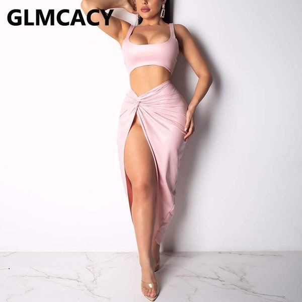 two piece party dress suits sleeveless crop & slit bodycon maxi skirt set 210702, White