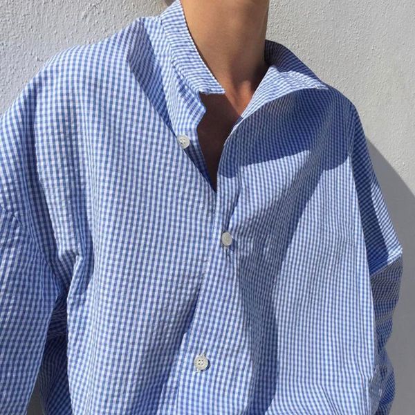 women's blouses & shirts classic blue plaid cotton women blouse asymmetric shirt stand collar diagonal long sleeves boyfriend style ove, White
women's blouses & shirts classic blue plaid cotton women blouse asymmetric shirt stand collar diagonal long sleeves boyfriend style ove, White