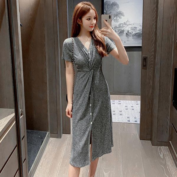 party dresses gray v-neck elegant split dress casual fashion single button women korean style gothic es11, White;black
party dresses gray v-neck elegant split dress casual fashion single button women korean style gothic es11, White;black