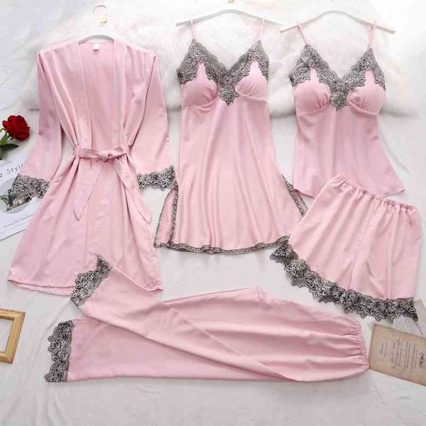 women's sleepwear pink 5 pieces set pyjamas pour femme satin pajamas v-neck pjs summer thin loungewear lace trim robe kimono gown, Black;red
women's sleepwear pink 5 pieces set pyjamas pour femme satin pajamas v-neck pjs summer thin loungewear lace trim robe kimono gown, Black;red