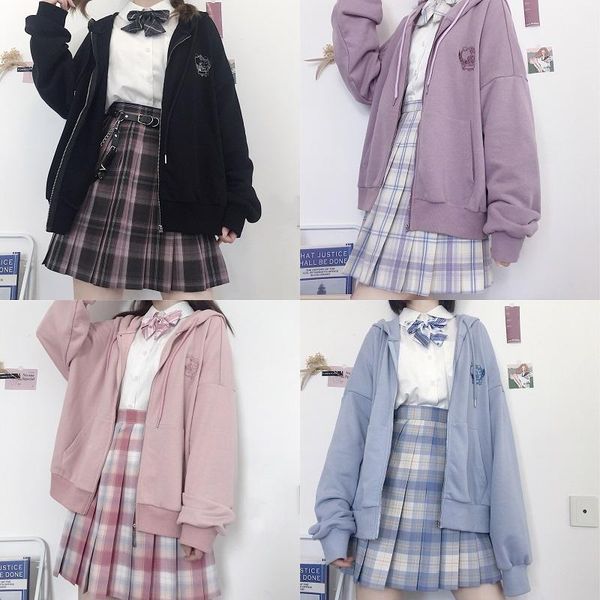 women's jackets japanese jk solid color hoodie jacket korean kawaii clothing all-match embroidery cute sweet harajuku, Black;brown
women's jackets japanese jk solid color hoodie jacket korean kawaii clothing all-match embroidery cute sweet harajuku, Black;brown