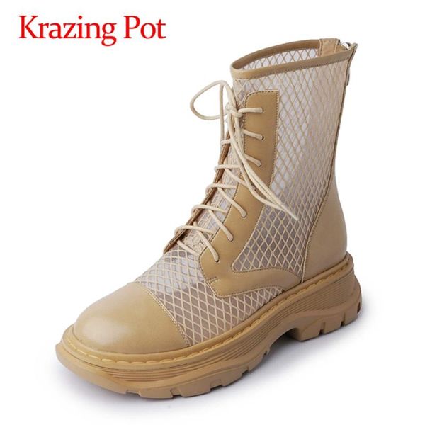 krazing pot 2021 arrival summer boots genuine leather round toe med heels young lady preppy style lace up ankle l68, Black
krazing pot 2021 arrival summer boots genuine leather round toe med heels young lady preppy style lace up ankle l68, Black