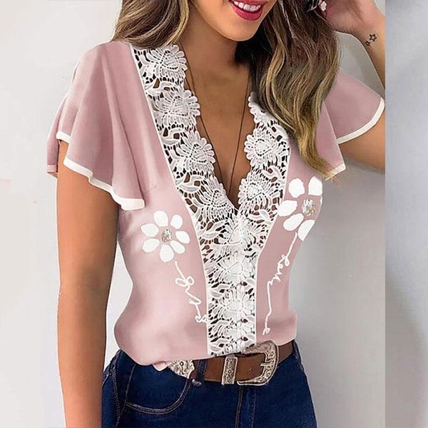 summer women v neck tee shirts pink flower print short sleeve ruffles hem contrast lace trim for daily women's t-shirt, White
summer women v neck tee shirts pink flower print short sleeve ruffles hem contrast lace trim for daily women's t-shirt, White