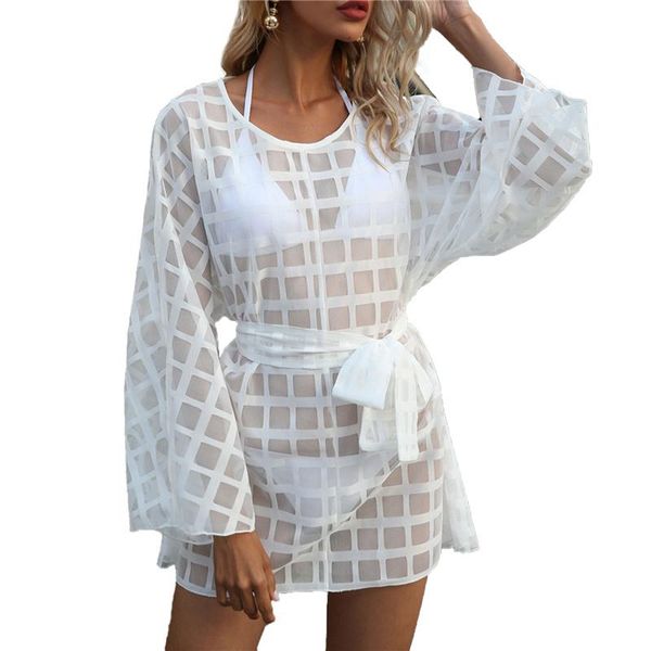 women's plaid smock round neck long sleeve lace up waist beach dress loose swimsuit blouse for female swining cover ups swimwear, White;black
women's plaid smock round neck long sleeve lace up waist beach dress loose swimsuit blouse for female swining cover ups swimwear, White;black