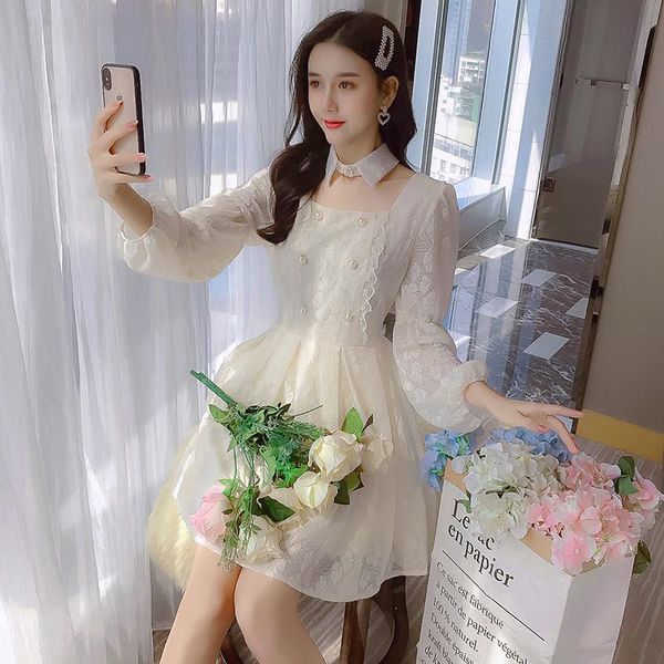 make female closed hollow out lapel lace dress show thin waist lantern sleeve fair maiden temperament princess casual dresses, Black;gray
make female closed hollow out lapel lace dress show thin waist lantern sleeve fair maiden temperament princess casual dresses, Black;gray