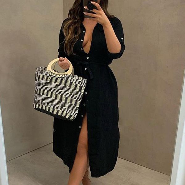 casual dresses rr solid turn down collar women fashion single breasted midi dress elegant tie belt female ladies, Black;gray
casual dresses rr solid turn down collar women fashion single breasted midi dress elegant tie belt female ladies, Black;gray