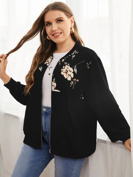 plus floral print zip up bomber jacket 16g0#, Black