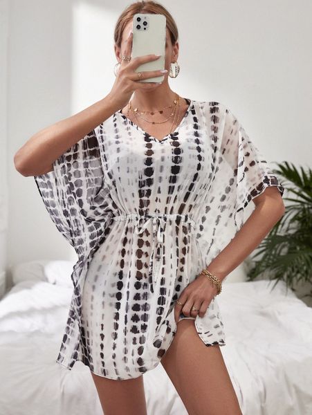 allover print drawstring cover up v1vn#, White;black 
allover print drawstring cover up v1vn#, White;black