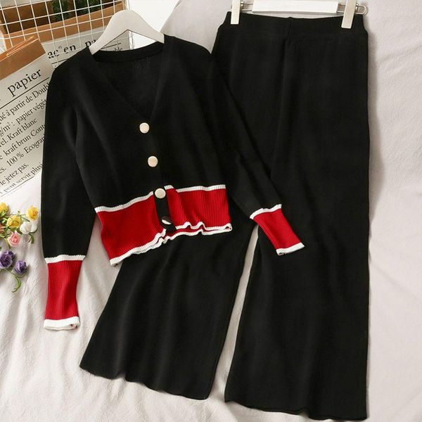 women's two piece pants show thin set 2021 autumn contrast stitching v-neck single-breasted long-sleeved sweater high-waisted wide-leg, White
women's two piece pants show thin set 2021 autumn contrast stitching v-neck single-breasted long-sleeved sweater high-waisted wide-leg, White