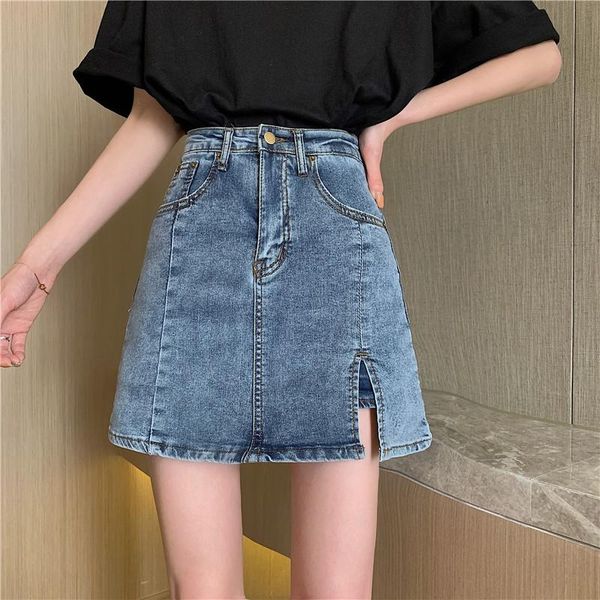 real po 2021 summer denim skirt a-line buttock high waist split short skirts, Black
real po 2021 summer denim skirt a-line buttock high waist split short skirts, Black