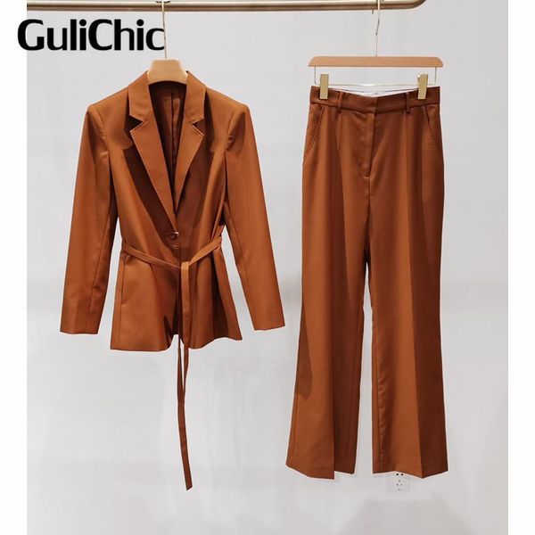 women's two piece pants 8.18 gulichic women temperament solid color with belt blazer or wide leg set, White
women's two piece pants 8.18 gulichic women temperament solid color with belt blazer or wide leg set, White