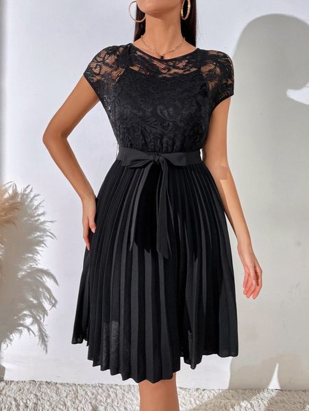 contrast lace pleated hem belted dress y3fe#, Black;gray
