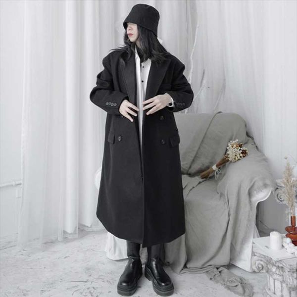 women's wool & blends ladies woolen coat winter lapel solid color double breasted design long loose fashion retro youth trend versatile, Black
women's wool & blends ladies woolen coat winter lapel solid color double breasted design long loose fashion retro youth trend versatile, Black