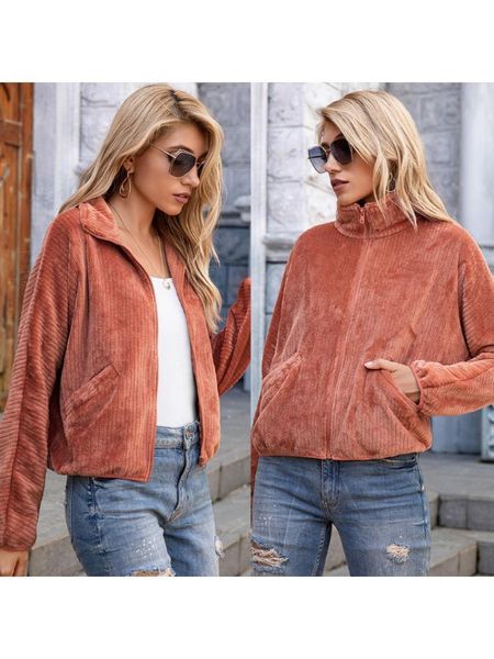women winter warm long sleeve lapel jacket ribbed flannel solid color zipper coat loose short outwear with pockets women's jackets, Black;brown
women winter warm long sleeve lapel jacket ribbed flannel solid color zipper coat loose short outwear with pockets women's jackets, Black;brown