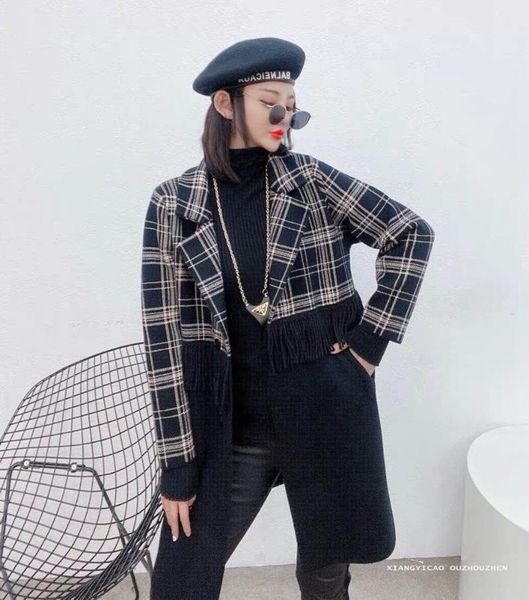 women's wool & blends 2021 early winter plaid stitching tassel temperament woolen mid-length coat, Black
women's wool & blends 2021 early winter plaid stitching tassel temperament woolen mid-length coat, Black