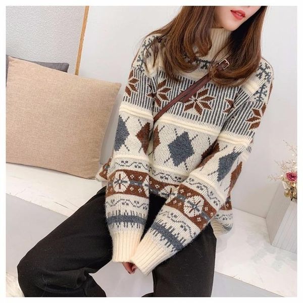 women's sweaters plus size sweater winter snowflake half-high collar loose outer wear base women, White;black
women's sweaters plus size sweater winter snowflake half-high collar loose outer wear base women, White;black
