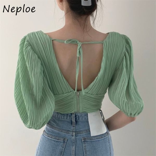 v neck pleat design open back blouse women pullover short sleeve candy color blusas summer simple shirt 210422, White
v neck pleat design open back blouse women pullover short sleeve candy color blusas summer simple shirt 210422, White
