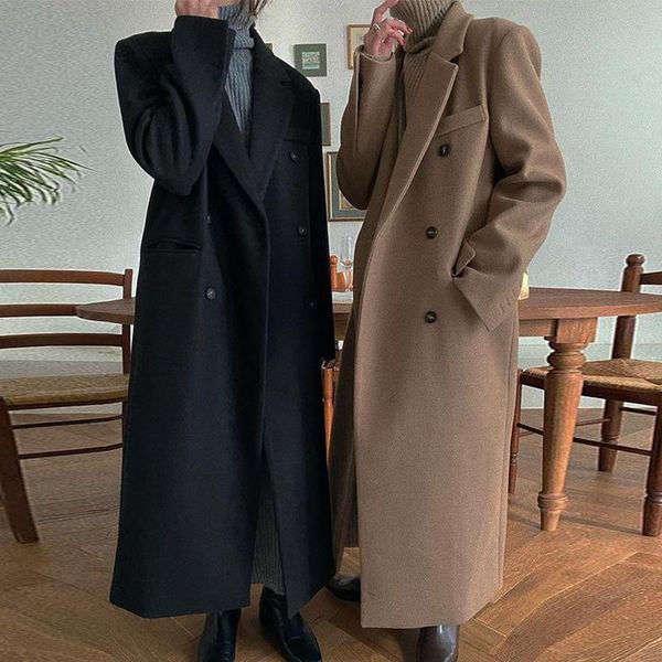 women's wool & blends korean coat chic autumn winter french lapel double breasted loose knee length suit tweed, Black
women's wool & blends korean coat chic autumn winter french lapel double breasted loose knee length suit tweed, Black