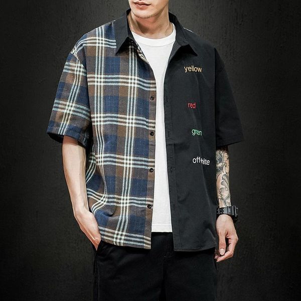 men's casual shirts 2021 short-sleeved shirt japanese trend stitching loose large size check, White;black
men's casual shirts 2021 short-sleeved shirt japanese trend stitching loose large size check, White;black