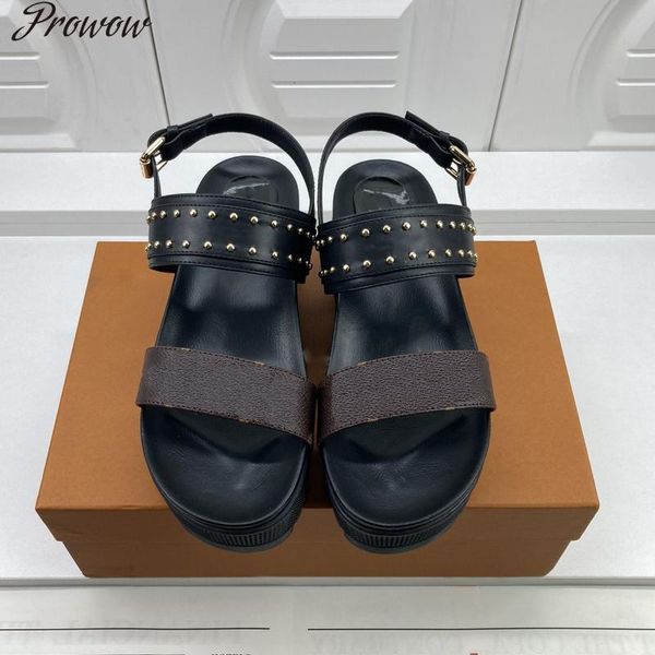sandals prowow summer ladies shoes women rivets leather platfrom, Black 
sandals prowow summer ladies shoes women rivets leather platfrom, Black