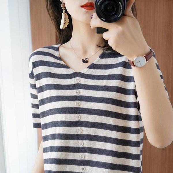 women's t-shirt women 2021 style pure cotton striped knitted ladies casual plus size pullover sweater short sleeve tees, White
women's t-shirt women 2021 style pure cotton striped knitted ladies casual plus size pullover sweater short sleeve tees, White