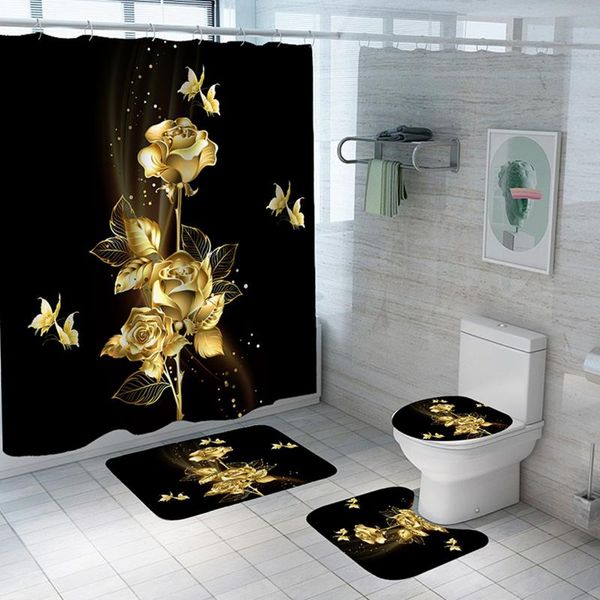 shower curtains gold rose black bathroom set curtain with bath mat rug carpet for toilet decor accessories
shower curtains gold rose black bathroom set curtain with bath mat rug carpet for toilet decor accessories