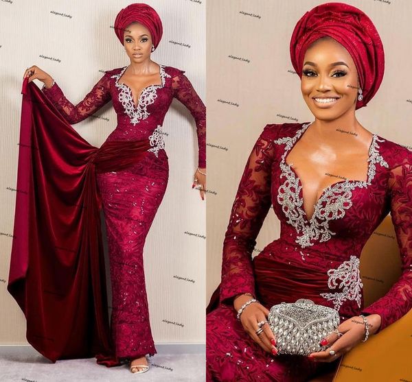 aso ebi burgundy sparkly prom dresses long sleeve sequins lace applique african pleated ribbon mermaid evening wear gowns, Black
aso ebi burgundy sparkly prom dresses long sleeve sequins lace applique african pleated ribbon mermaid evening wear gowns, Black