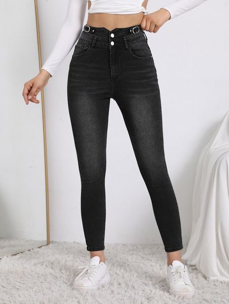 high waisted buckle strap skinny jeans 56zl#, Blue