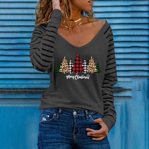 women's blouses & shirts t-shirt ladies christmas tree printed bottoming shirtloose casual round neck long sleeve office shirt blusas, White