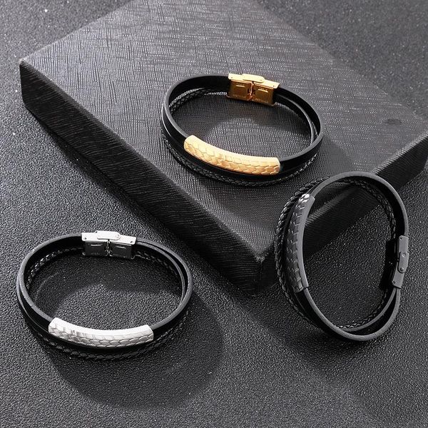 charm bracelets haoyi fashion woven leather men's bracelet multilayer punk retro simple stainless steel jewelry, Golden;silver
charm bracelets haoyi fashion woven leather men's bracelet multilayer punk retro simple stainless steel jewelry, Golden;silver