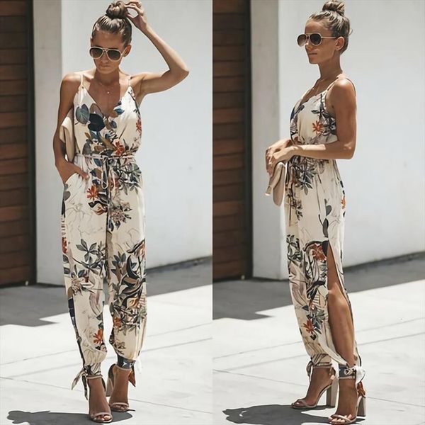 jumpsuits summer casual backless womens pant deep v floral print strappy romper, Black;white