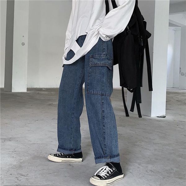 men's jeans stitching men korean casual straight-leg fashion loose wide-leg streetwear retro denim trousers, Blue
men's jeans stitching men korean casual straight-leg fashion loose wide-leg streetwear retro denim trousers, Blue