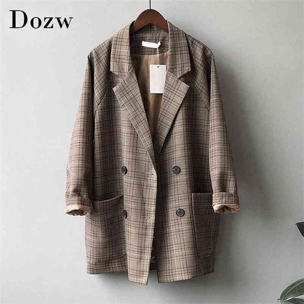 vintage plaid blazer jacket for women loose long sleeve office coat with pockets casual double breasted outerwear 210515, White;black
vintage plaid blazer jacket for women loose long sleeve office coat with pockets casual double breasted outerwear 210515, White;black