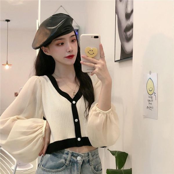 woman autumn stitching chiffon women sweater long sleeved v neck short for, White;black
woman autumn stitching chiffon women sweater long sleeved v neck short for, White;black