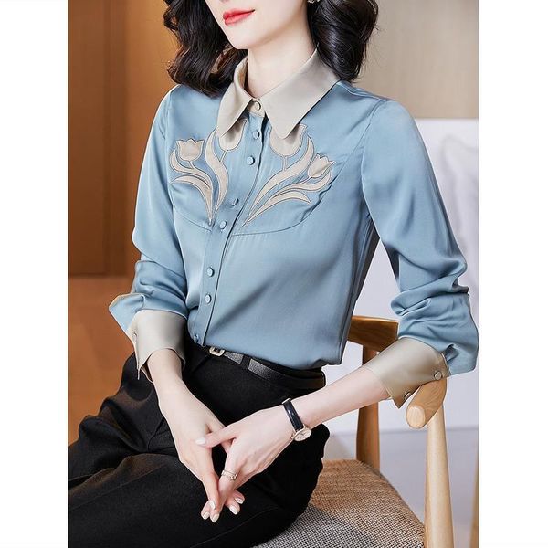 women's t-shirt satin shirt 2021 spring dress foreign style fashion embroidered light blue slim long sleeve french top, White
women's t-shirt satin shirt 2021 spring dress foreign style fashion embroidered light blue slim long sleeve french top, White