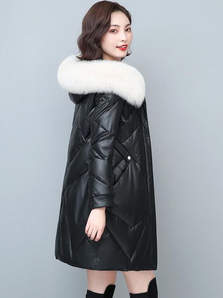 women's leather & faux down jacket 2021 winter korean loose large sheep skin medium length coat, Black
women's leather & faux down jacket 2021 winter korean loose large sheep skin medium length coat, Black