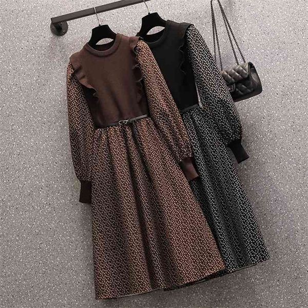 autumn and winter french thickened frosted round neck floral stitching waist show thin medium length bottom dress 2088 210514, Black;gray