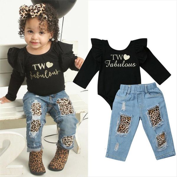 toddler kids clothes girls ruffle black romper denim leopard pants outfits, White 
toddler kids clothes girls ruffle black romper denim leopard pants outfits, White
