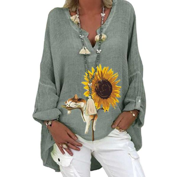 women's blouses & shirts cat and sunflower print boho women long sleeve vintage loose shirt split v-neck spring summer 3xl lady, White
women's blouses & shirts cat and sunflower print boho women long sleeve vintage loose shirt split v-neck spring summer 3xl lady, White