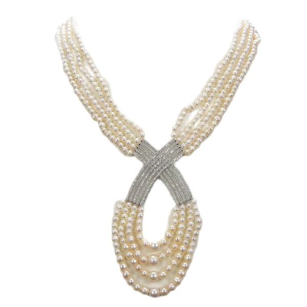 pendant necklaces jk natural pearl 20"-22" 4 strands white round necklace cz, Silver 
pendant necklaces jk natural pearl 20"-22" 4 strands white round necklace cz, Silver