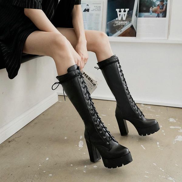 boots autumn and winter knee length high heels thick knight lace up sweet, Black
boots autumn and winter knee length high heels thick knight lace up sweet, Black