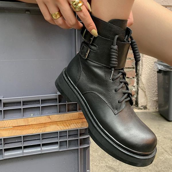 boots handmade genuine leather women short buckle strap chunky sole height increasing cross tied cow ankle, Black
boots handmade genuine leather women short buckle strap chunky sole height increasing cross tied cow ankle, Black