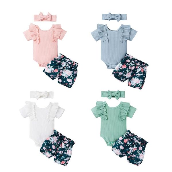 girl's 3pcs romper set ruffled short sleeve solid color knitted bodysuit with flower printed shorts and headband clothing sets, White
girl's 3pcs romper set ruffled short sleeve solid color knitted bodysuit with flower printed shorts and headband clothing sets, White