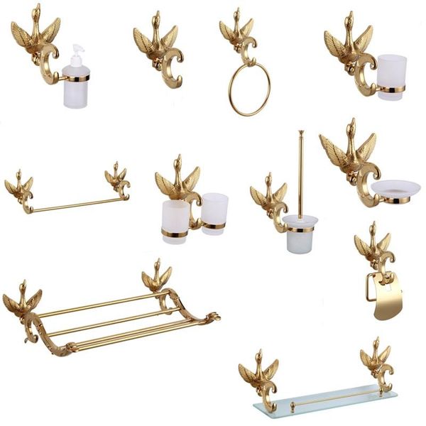 gold polish swan bathroom accessories set with crystal decorate wall mount luxury toilet paper holder, robe hook and glass shelf bath access
gold polish swan bathroom accessories set with crystal decorate wall mount luxury toilet paper holder, robe hook and glass shelf bath access