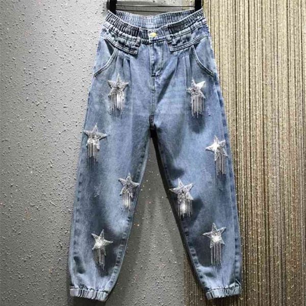 five-pointed star tassels beaded jeans women elastic waist loose casual straight harem beam ankle length 210708, Blue
five-pointed star tassels beaded jeans women elastic waist loose casual straight harem beam ankle length 210708, Blue