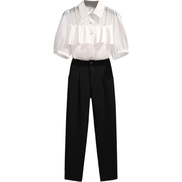 women's two piece pants summer fashion pearl solid color professional two-piece sets ruffles short sleeves square collar clothing femal, White
women's two piece pants summer fashion pearl solid color professional two-piece sets ruffles short sleeves square collar clothing femal, White