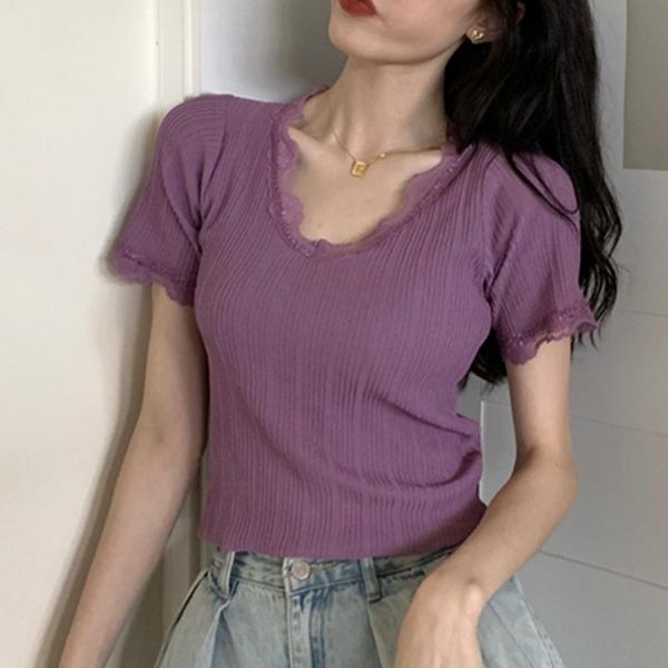 summer purplish red casual solid color knitted cropped t-shirt women 2021 lace patchwork short sleeve tee shirt femme women's, White
summer purplish red casual solid color knitted cropped t-shirt women 2021 lace patchwork short sleeve tee shirt femme women's, White