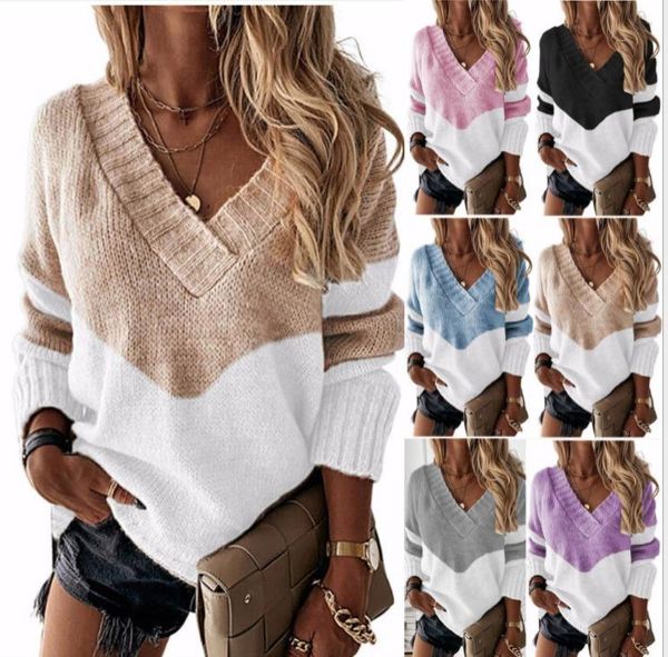 women's sweaters european and american foreign trade 2021 autumn winter pullover v-neck loose sweater color matching sweater., White;black
women's sweaters european and american foreign trade 2021 autumn winter pullover v-neck loose sweater color matching sweater., White;black