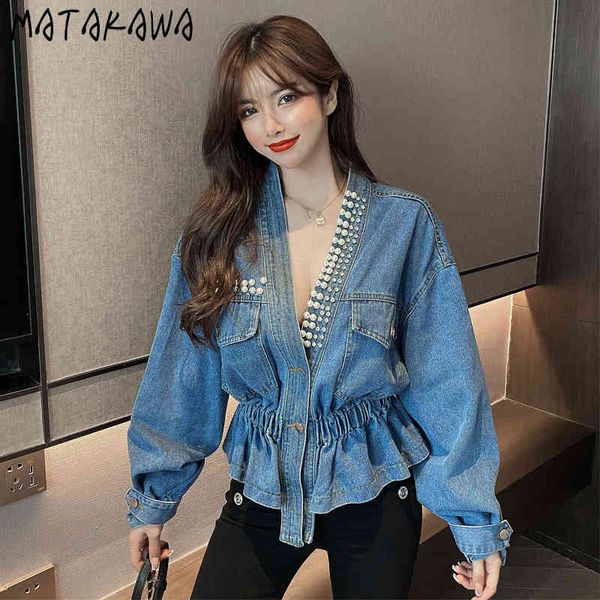 matakawa woman jacket v-neck pleated fashion slim waist beaded women's coat spring loose short denim jacket 210513, Black;brown
matakawa woman jacket v-neck pleated fashion slim waist beaded women's coat spring loose short denim jacket 210513, Black;brown