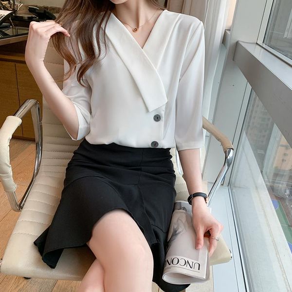women's blouses & shirts button 2021 korean fashion half sleeve v-neck shirt office ladies summer chiffon 14759, White
women's blouses & shirts button 2021 korean fashion half sleeve v-neck shirt office ladies summer chiffon 14759, White